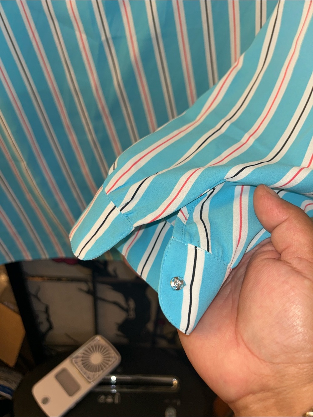 Anne Klein Teal Striped Split-Neck Blouse - Picture 3 of 8